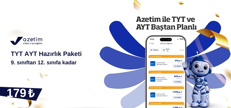 Azetim TYT  AYT Hazırlık Aylık Paketi ( 9. sınıftan 12. sınıfa kadar) 